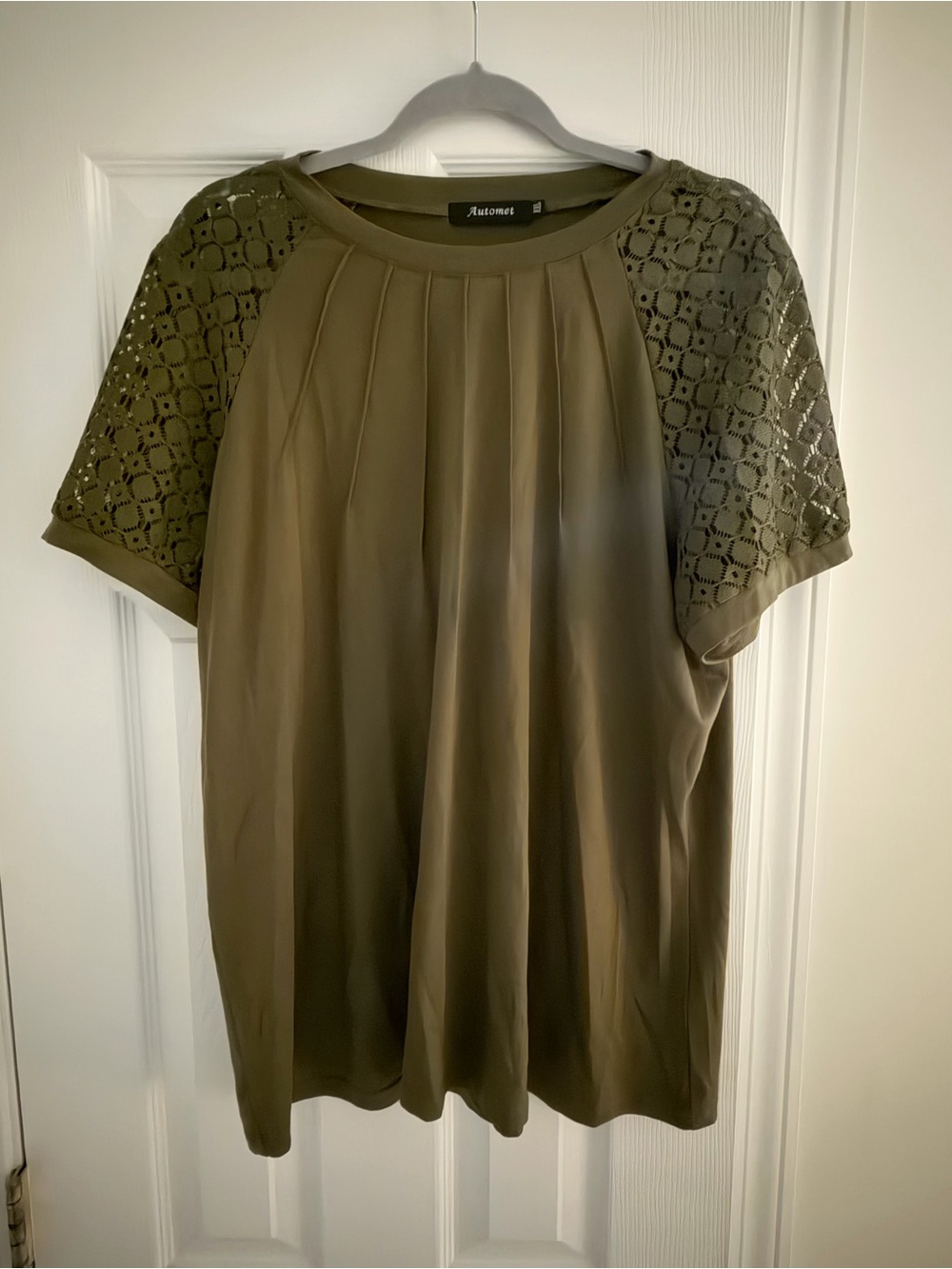 Autonet Olive Green Crochet-Sleeve Pleated Blouse